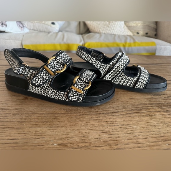 Dolce Vita Shelli Wedge sandals Black & White raffia w/gold accent-size 9.5 - Picture 2 of 7